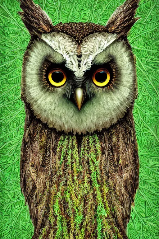 Prompt: an owl made of moss, symmetrical, highly detailed, digital art, sharp focus, amber eyes, ferns, trending on art station