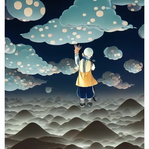 Image similar to a man walking on clouds above kyoto by takashi murakami, beeple and james jean, aya takano color style, 4 k, super detailed