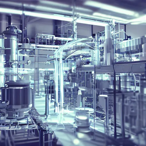 Image similar to pharmaceutical manufacturing plant, continuous process, granulation tablet press filament filling chemical engineering process design artstation trending cinematic focus cinema camera shaders