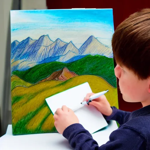 Prompt: brunette boy with his eyes closed, drawing sketches on his notebook, colorful painting, elegant, clear, in the style of leonardo da vinci, mountains in the background, masterpiece,