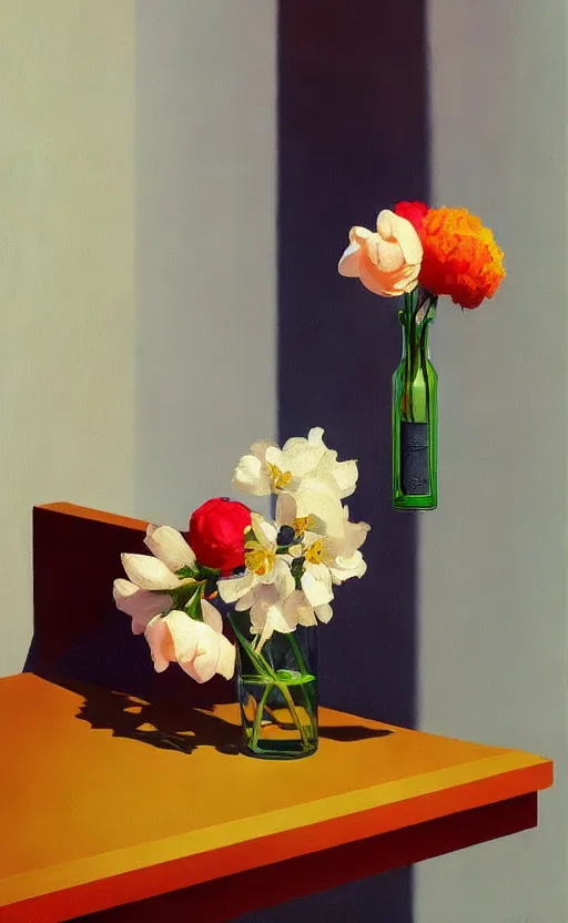 Image similar to beautiful still life featuring blooming flowers and a hand gun, very coherent, painted by Edward Hopper, painted by James Gilleard, airbrush, art by JamesJean