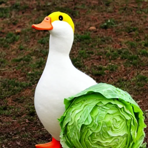 Image similar to a duck dressed as cabbage