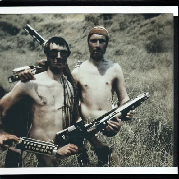 Image similar to polaroid of tribes men with space age weapons shots by Tarkovsky