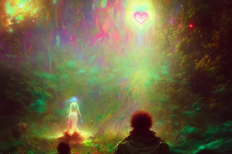 Prompt: a psychedelic realm hidden away in a pocket of ethereal understanding, astral beings sharing love greg rutkowski wlop lisa frank bob ross, ruan jia