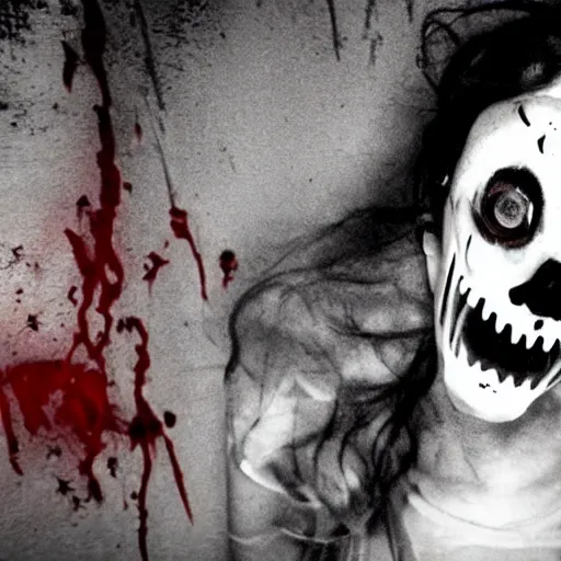Prompt: terrifying ghost demon, found footage, brutal violence, creepypasta, slasher smile, black dahlia