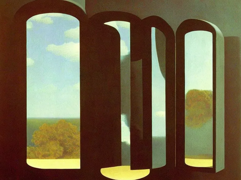 Image similar to mirrors, painting by rene magritte, high detail, high resolution