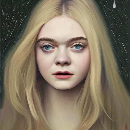 Image similar to professional painting of Elle Fanning in the style of a Purity Ring album, head and shoulders portrait, symmetrical facial features, smooth, sharp focus, illustration, intricate, stormy weather, extremely detailed masterpiece,