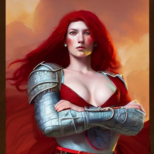 Image similar to portrait of a beautiful young woman with red hair and freckles, slight smile, renaissance colorful dress, leather armor, digital painting by Michael Whelan and craig mullins, d&d illustration, trending on Artstation, sfw
