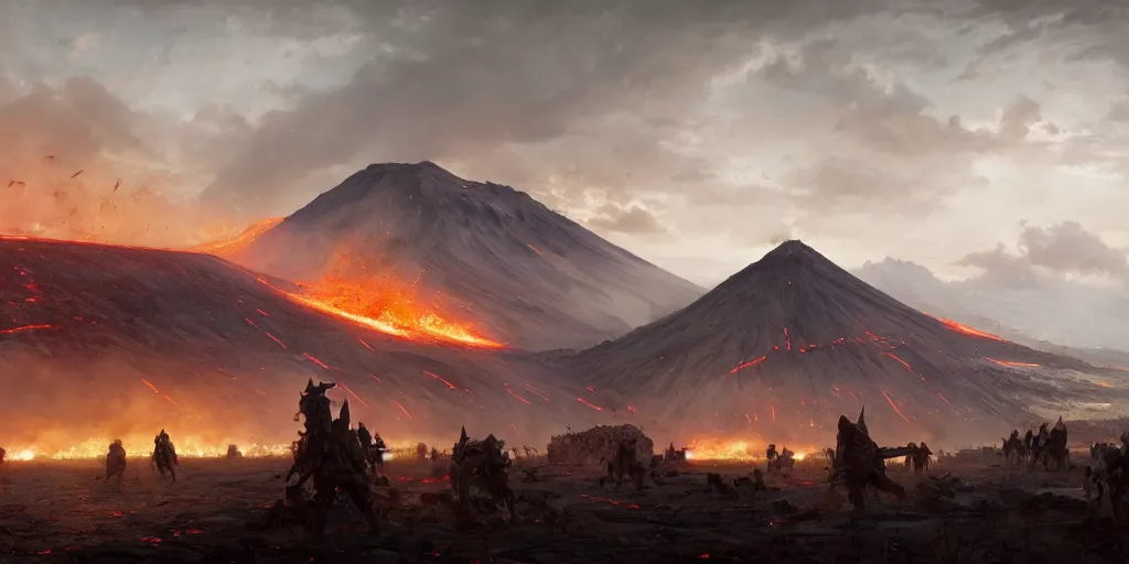 Prompt: battlefield on a volcanic ground, a fantasy digital painting by Greg Rutkowski and James Gurney, trending on Artstation, highly detailed, hyperrealistic, realistic, photorealistic, dynamic lighting, highly detailed, cinematic landscape, studio landscape, studio lighting