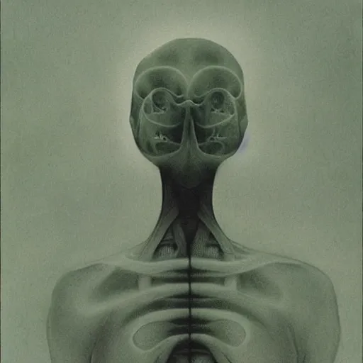 Prompt: an x ray of a strange creature in a woman's lungs by zdzisław beksinski