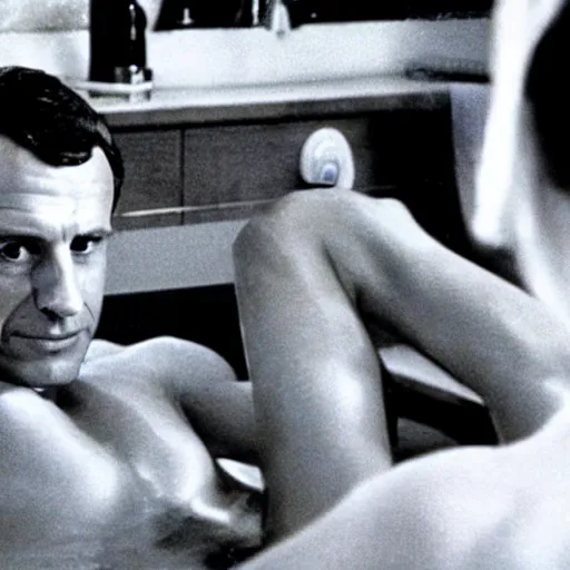 Image similar to Emmanuel macron taking a bath in American Psycho (1999), blur on his body