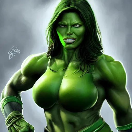 Image similar to jessica biel as green skinned hulk, gamora, she - hulk, green skin, muscular, bodybuilding woman, wheyfu, digital art, artstation, highly detailed, centered, hyperrealism, artstation, concept art, smooth, sharp focus, illustration, artgerm