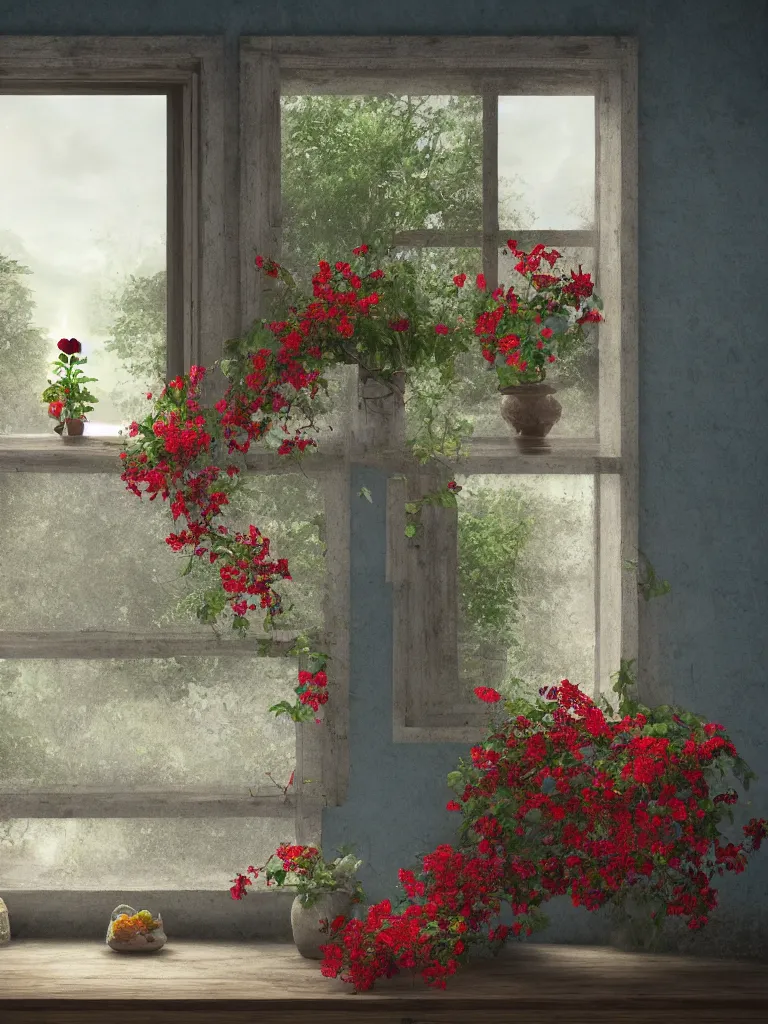 Prompt: a old house window with a vase of red flowers with view to a sunrise, blue wall, a wooden chair near the window, concept art, octane render, unreal engine 5, trending on deviantart, highly detailed, high quality, hd, digital painting, masterpiece, geometric, symmetrical, low contrast, beautiful, high coherence, natural lighting, intense lighting