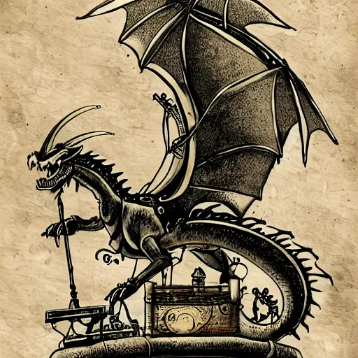 Prompt: a dragon with steam punk machine on it's side, book illustration