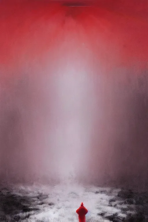 Image similar to a painting of a person standing in the snow, blizzard, a surrealist painting by zdzisław beksinski and by alena aenami, deviantart, nuclear art, dystopian art, apocalypse landscape, red color scheme, surrealist