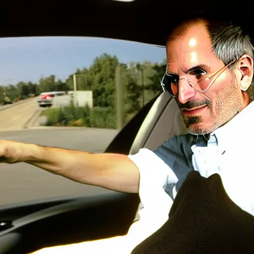 Image similar to Steve Jobs driving a Tesla car