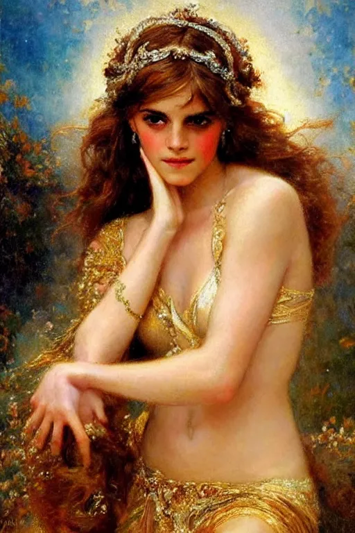 Image similar to portrait of emma watson as the goddess aphrodite. art by gaston bussiere.