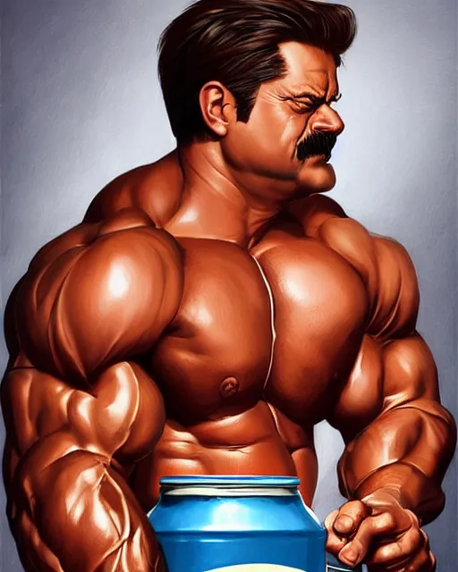 Image similar to gigachad ron swanson bodybuilder holding a keg of beer in final fight office by ilya kuvshinov, ernest khalimov body by krista sudmalis, fantasy character portrait, ultra realistic, concept art, intricate details, elegent, digital painting, smooth, sharp focus, illustration, art by artgerm and greg rutkowski and alphonse mucha, artstation