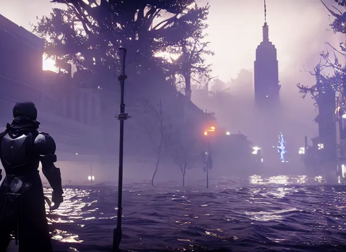 Image similar to 4k 60fps in-game Destiny 2 gameplay showcase, dark, misty, foggy, flooded, rainy manhattan street in Destiny 2, liminal, dark, dystopian, large creatures in distance, abandoned, highly detailed