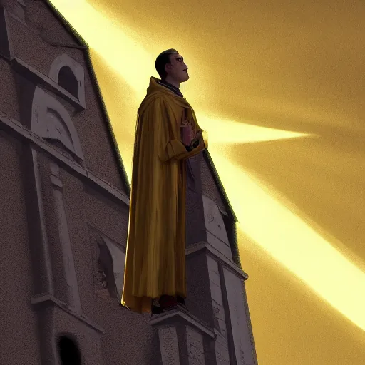 Image similar to A terrified young catholic priest at the top of a medieval tower watching in fear as an ominous yellow shadow descends upon him from the night sky. He is fervently praying but his eyes are wide open with fear. Low angle angle, dramatic lighting. Award-winning digital art, trending on ArtStation