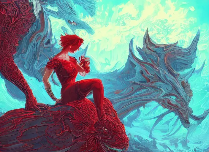 Image similar to woman loves and sit upon a scarlet coloured beast, pain, light effect, hyper detailed, intricate, elegant, highly detailed, digital painting, artstation, concept art, matte, sharp focus, illustration, by dan mumford, yusuke murata, makoto shinkai, ross tran