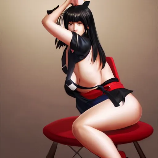 Image similar to 8K photorealistic Portrait of Nyotengu of DOA6 in HighSchool uniform, sitting on a chair, wide open wings, intricate, whole body, highly detailed, digital painting, artstation, concept art, smooth, sharp focus, illustration, art by Hajime Sorayama