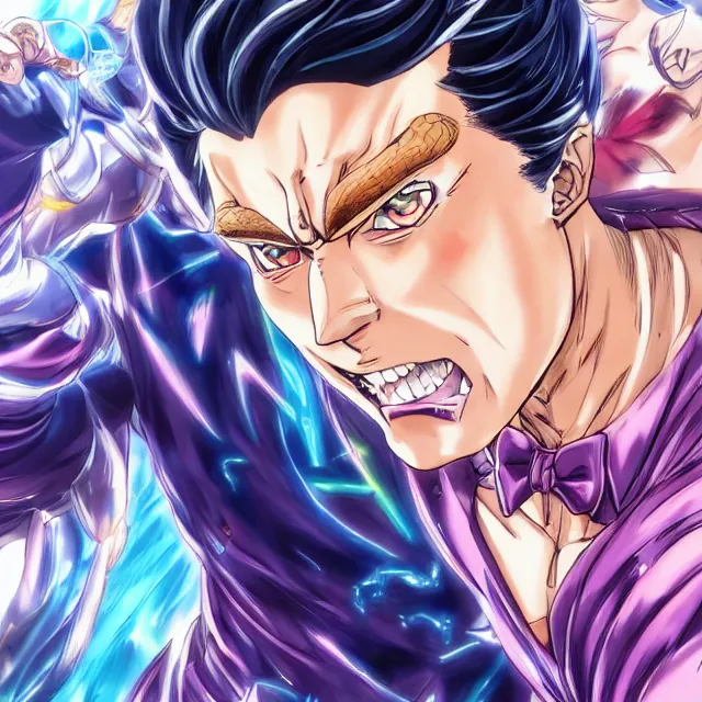 Image similar to handsome anime man channels the universe's energy in the style of jojo's bizarre adventure, ultrafine hyperrealistic detailed face illustration by kim jung gi, irakli nadar, intricate linework, sharp focus, bright colors, matte, octopath traveler, final fantasy, unreal engine highly rendered, global illumination, radiant light, intricate rainbow environment