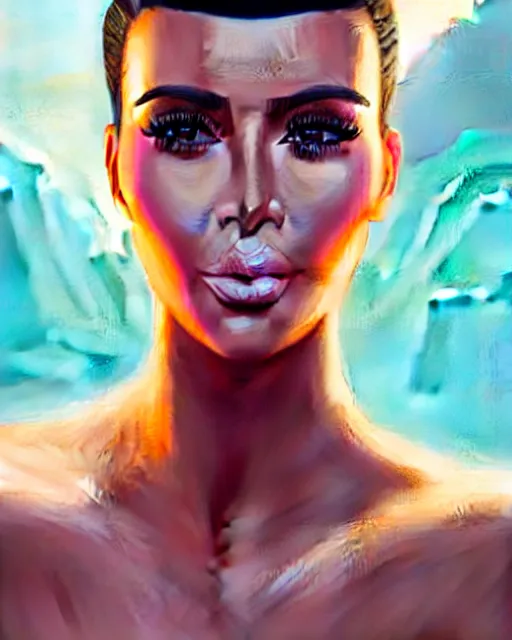 Image similar to highly detailed vfx portrait of, kim kardashian muscular by stephen bliss, chalk, unrealengine, greg rutkowski, loish, rhads, beeple, chalk, makoto shinkai and lois van baarle, ilya kuvshinov, rossdraws, tom bagshaw, basil gogos