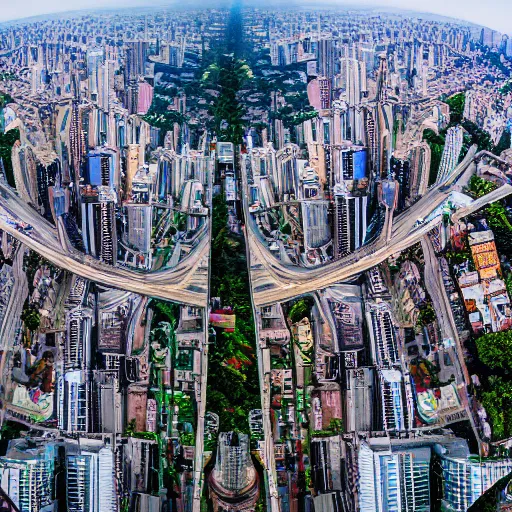 Image similar to award winning overhead view photo of the city of sao paulo, tilt shift photography, fish - eye lens