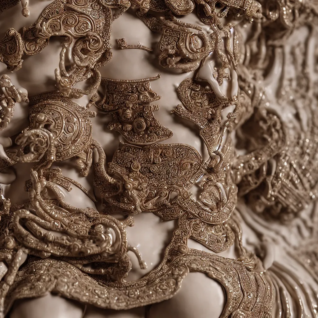 Prompt: a closeup photo - real delicate ceramic porcelain sculpture of an ornate detailed ahura mazda in front of an intricate background by rafael, micro detail, backlit lighting, subsurface scattering, translucent, thin porcelain, octane renderer, colorful, physically based rendering, trending on cgsociety