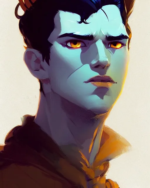 Image similar to portrait of raven male lord with dark hair and golden eyes, by atey ghailan, by greg rutkowski, by greg tocchini, by james gilleard, by joe fenton, by kaethe butcher, dynamic lighting, gradient light blue, brown, blonde cream and white color scheme, grunge aesthetic