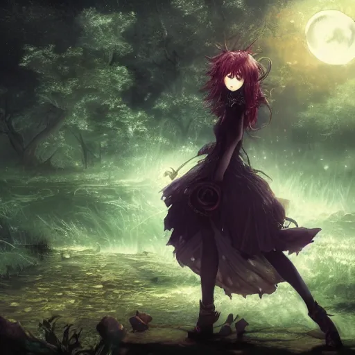 Image similar to goth woman in a moonlight view, in a forest, a river, tankoban, 4 k, tone mapping, akihiko yoshida, james jean andrei riabovitchev marc simonetti, yoshitaka amano, long hair, curly, h. hydrochaeri