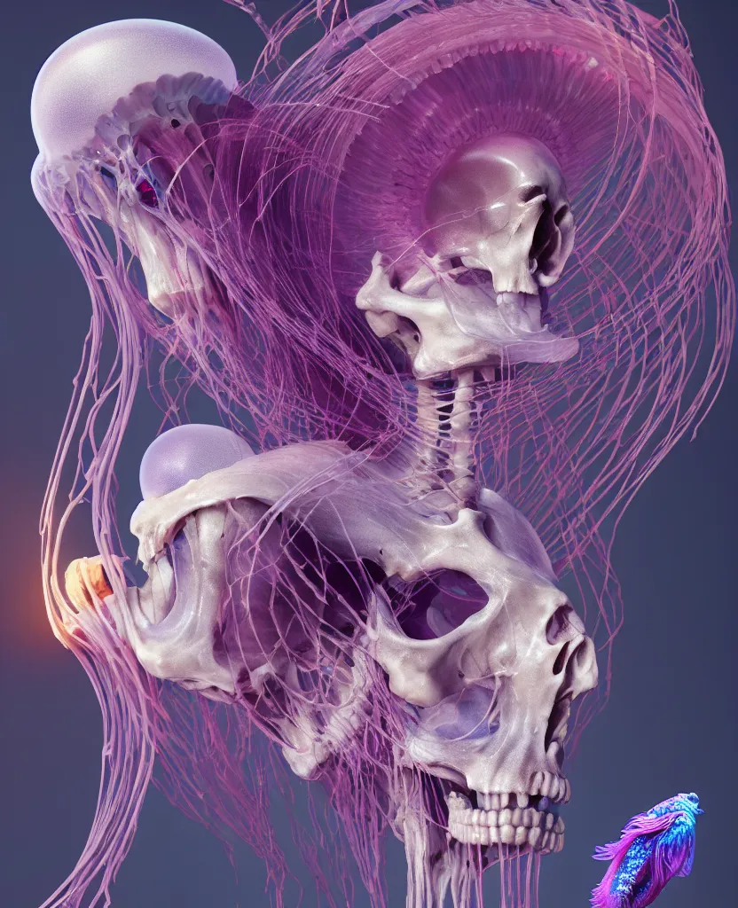 Image similar to goddess close-up portrait human skeleton, ram skull, jellyfish, orchid, betta fish, bioluminiscent, intricate artwork by Tooth Wu and wlop and beeple. octane render, trending on artstation, greg rutkowski very coherent symmetrical artwork. cinematic, hyper realism, high detail, octane render, 8k