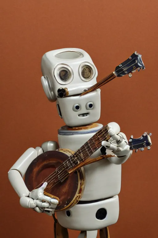 Image similar to glazed ceramic sculpture of a country bumpkin robot playing a banjo, straw in his mouth, studio lighting, rim lighting, high detail, hyper realistic, 8 k