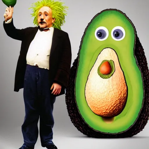 Prompt: einstein inside an avocado costume on a stage, giving a speech, ultra realistic, hyperrealistic, extremely detailed, volumetric illumination, 8 k