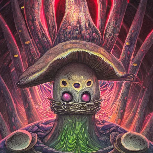 Image similar to 4 k headshot portrait of a psychedelic demonic anthropomorphic bunny rabbit with mushroom themed clothes, magic mushroom village in background by jeff easley, award winning, stylized neon, post - processing, masterpiece, superb resolution. in the art style of junji ito and greg rutkowski. detailed mushroom city in background. hyper realistic anime. perfect art. dalle 2