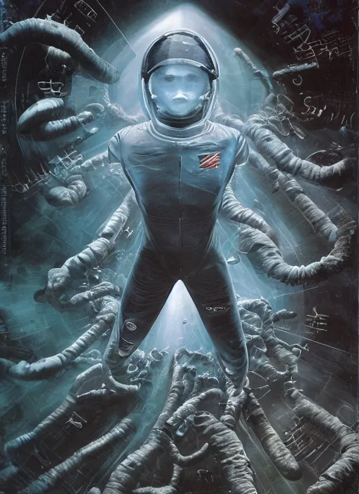 Image similar to astronauts in dark void underwater - complex and hyperdetailed technical suit. reflection and dispersion materials. rays and dispersion of light. volumetric light. f / 3 2. noise film photo. flash photography. ultra realistic, wide angle. poster by wayne barlowe, hajime sorayama aaron horkey, craig mullins