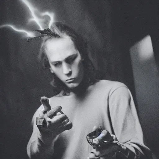 Image similar to a handsome young dark sorcerer casting a demonic spell, photorealistic 35mm