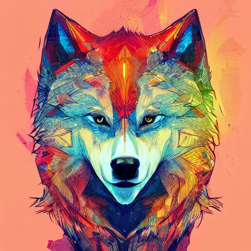 Prompt: portrait of a anthropomorphic wolf robot with human characteristics, digital art, epic composition, fantasy, explosion of color, highly detailed, in the style of jake parker, in the style of conrad roset, swirly vibrant colors, sharp focus