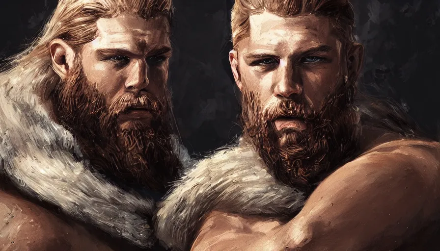 Image similar to handsome portrait of a viking guy bodybuilder posing by jama jurabaev, trending on artstation, high quality, brush stroke