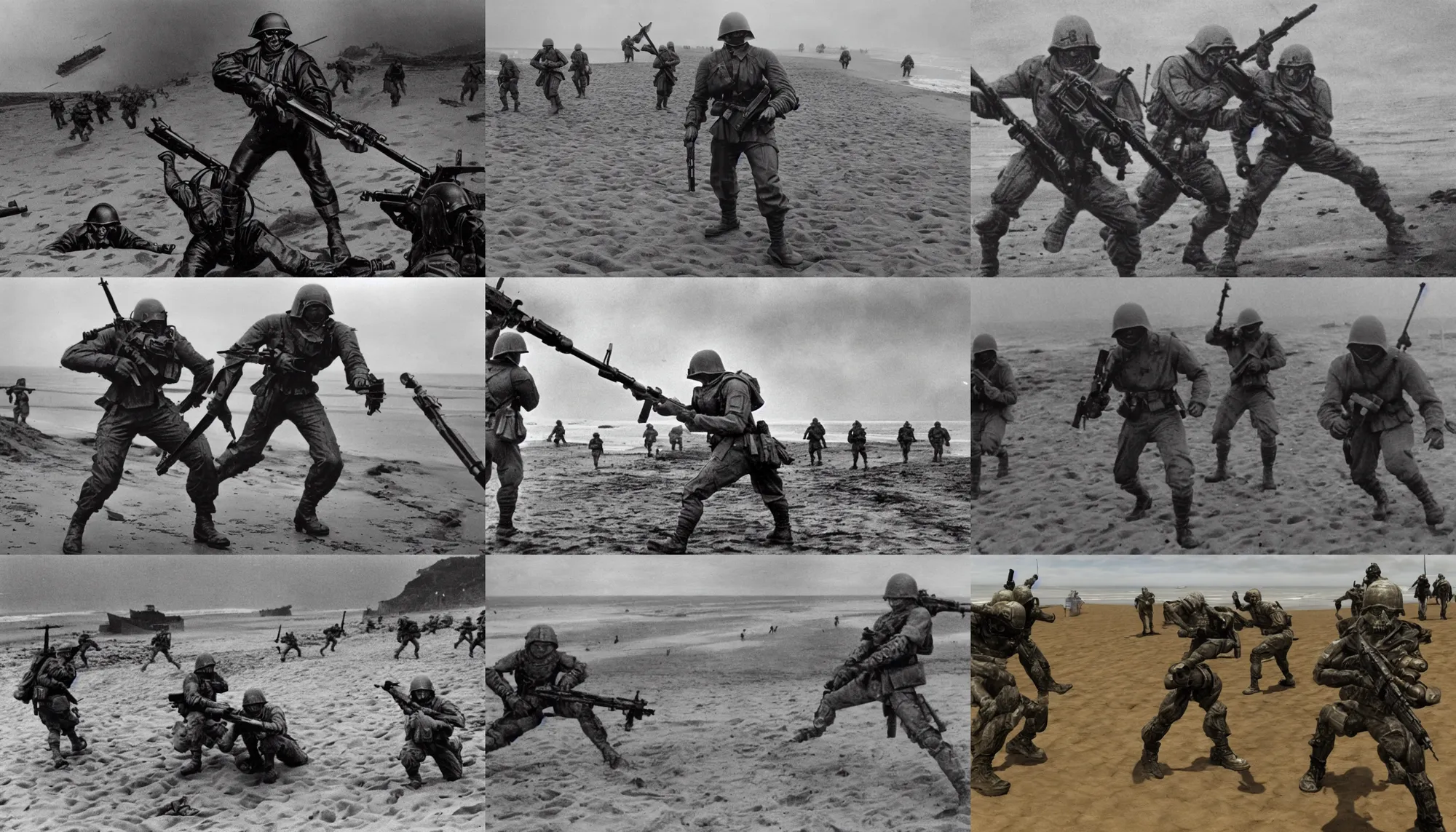 Prompt: Cyberdemon on Omaha beach, WW2