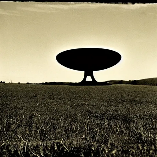 Image similar to A giant oval UFO looming over a field at night bathing the landscape in a deep red glow, unsettling atmosphere, 1950 photo