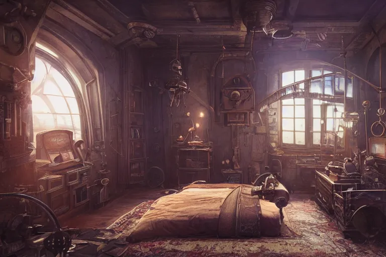 Prompt: Interior of a steampunk bedroom, 3d scene, render, ultra realistic, zenith view, Greg Rutkowski, artstation, cgsociety, level design, unreal engine alien whale flying over a steampunk city, 3d scene, render, ultra realistic, zenith view, Enki Bilal style