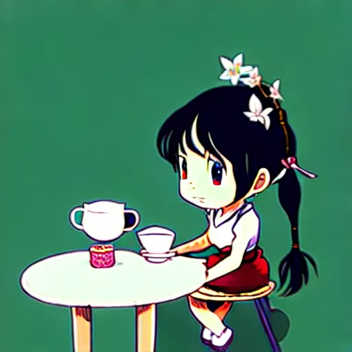 Prompt: little girl drinking tea with a friendly cryptid digital art artstation studio ghibli