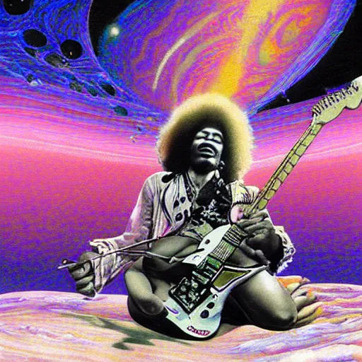 Prompt: Jimi Hendrix sitting on the rings of Saturn playing \'Purple Haze\' on his electric guitar by Moebius