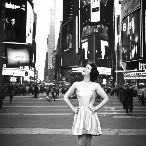 Prompt: a woman wearing a gold dress in Times square, she is sad and beautiful, she is alone, black and white photo, circa 1950, beautiful background