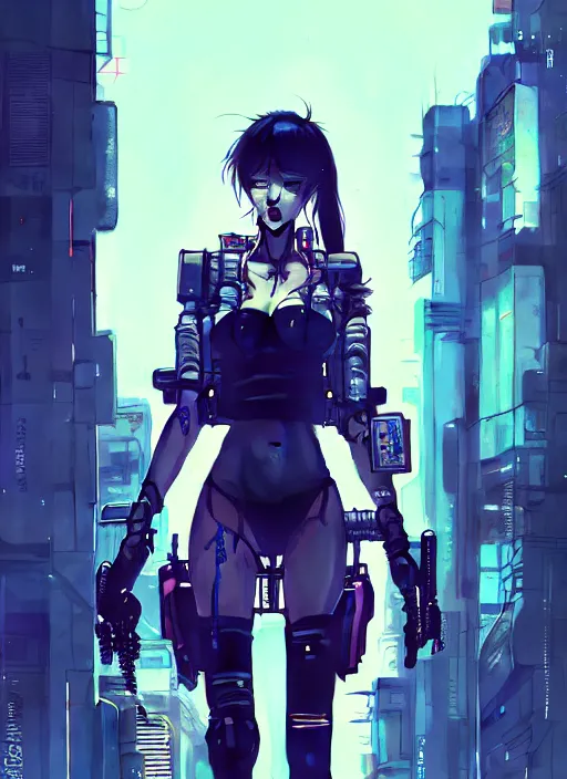 Image similar to hyper - realistic cyberpunk portrait of beautiful! anime woman standing on tokyo street, extreme detail, alluring, in style of yoji shinkawa, pan ren wei, col price, atey ghailan, by greg rutkowski, by greg tocchini, by james gilleard, by joe fenton, by kaethe butcher, grunge aesthetic