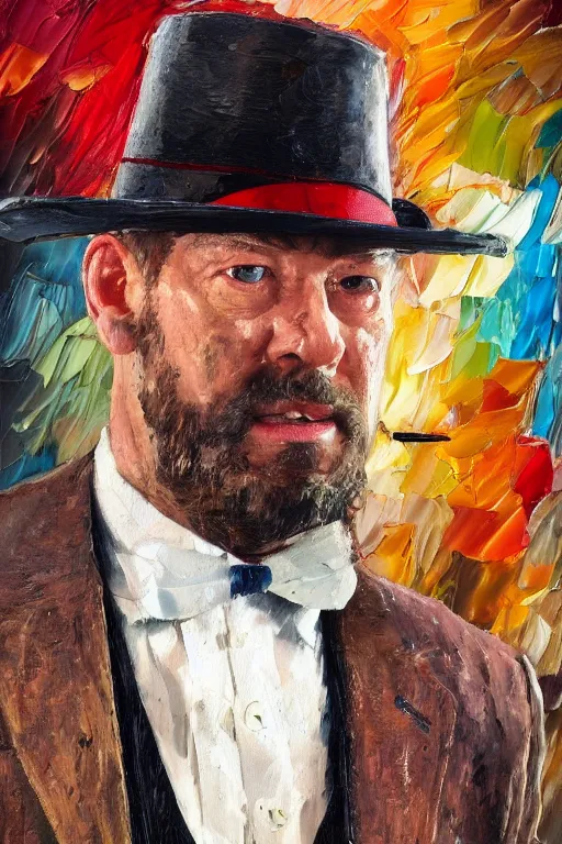 Image similar to palette knife oil painting portrait of graham, a fellow in a three - piece suit and single monocle covering his right eye, peering over from his heavy, lacquered oak reception desk, extreme detail, artstation trending, artgerm, any racial background, deviant art, octane, substance, art history 8 k