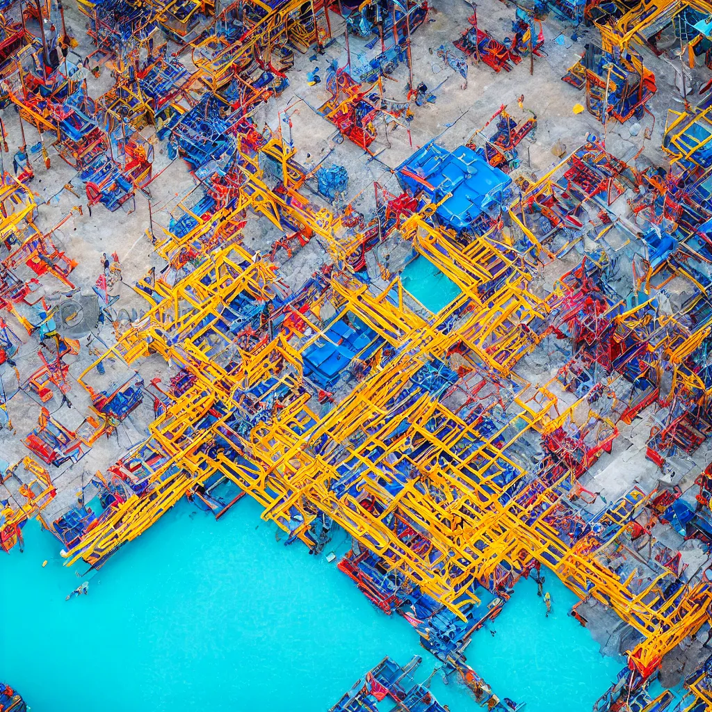 Image similar to colorful construction site with pools of bright blue water, birds eye view