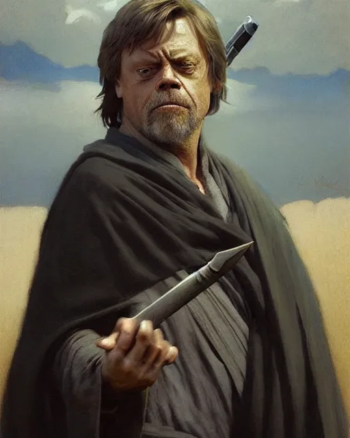 Prompt: mark hamill as a grizzled emanciated drunk jedi knight. fantasy science fiction art by greg rutkowski, gustave courbet, rosa bonheur, edward hopper. faithfully depicted facial expression, perfect anatomy, sharp focus, global illumination, radiant light, detailed and intricate environment, trending on artstation